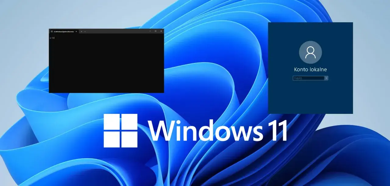 Ekran logowania Windows 11 z polem "Konto lokalne" i otwartym wierszem poleceń.