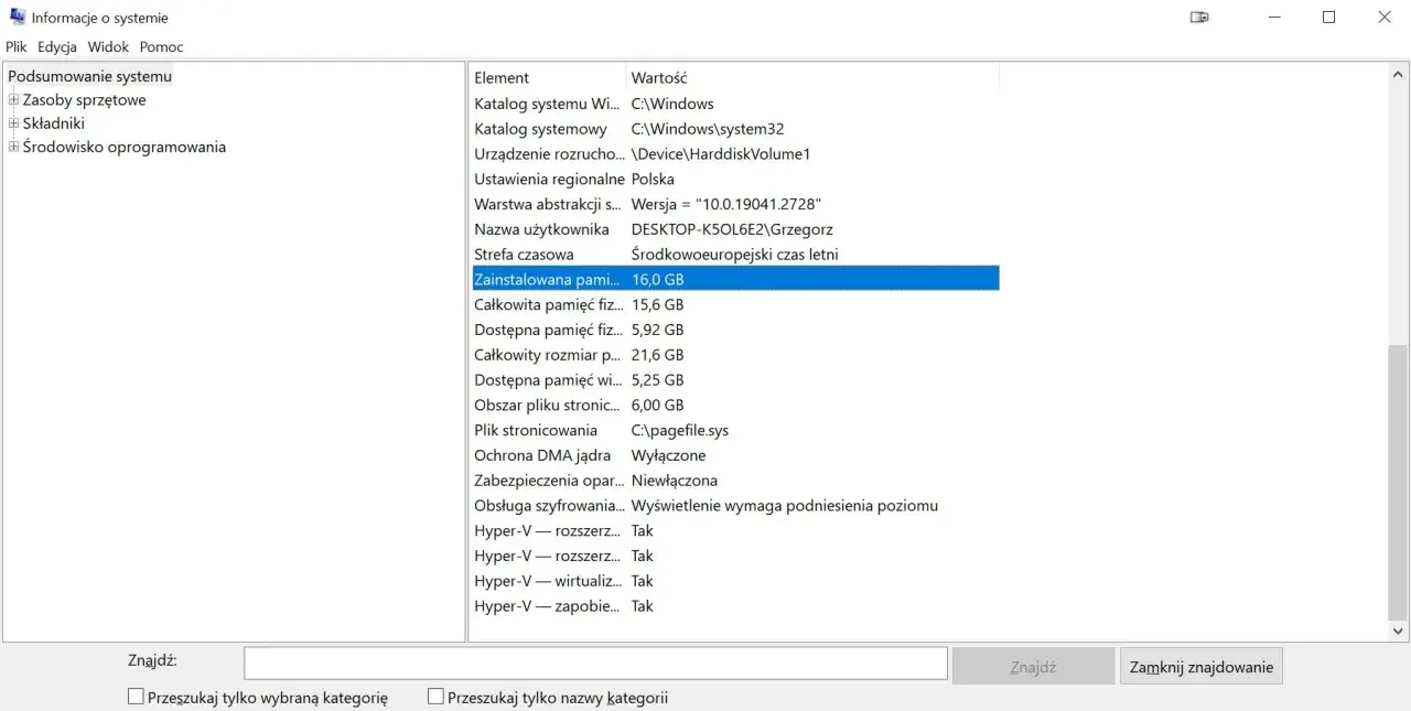 Jak sprawdzić RAM w komputerze? Na ekranie widać okno "Informacje o systemie", gdzie podano, że zainstalowana pamięć RAM wynosi 16,0 GB.