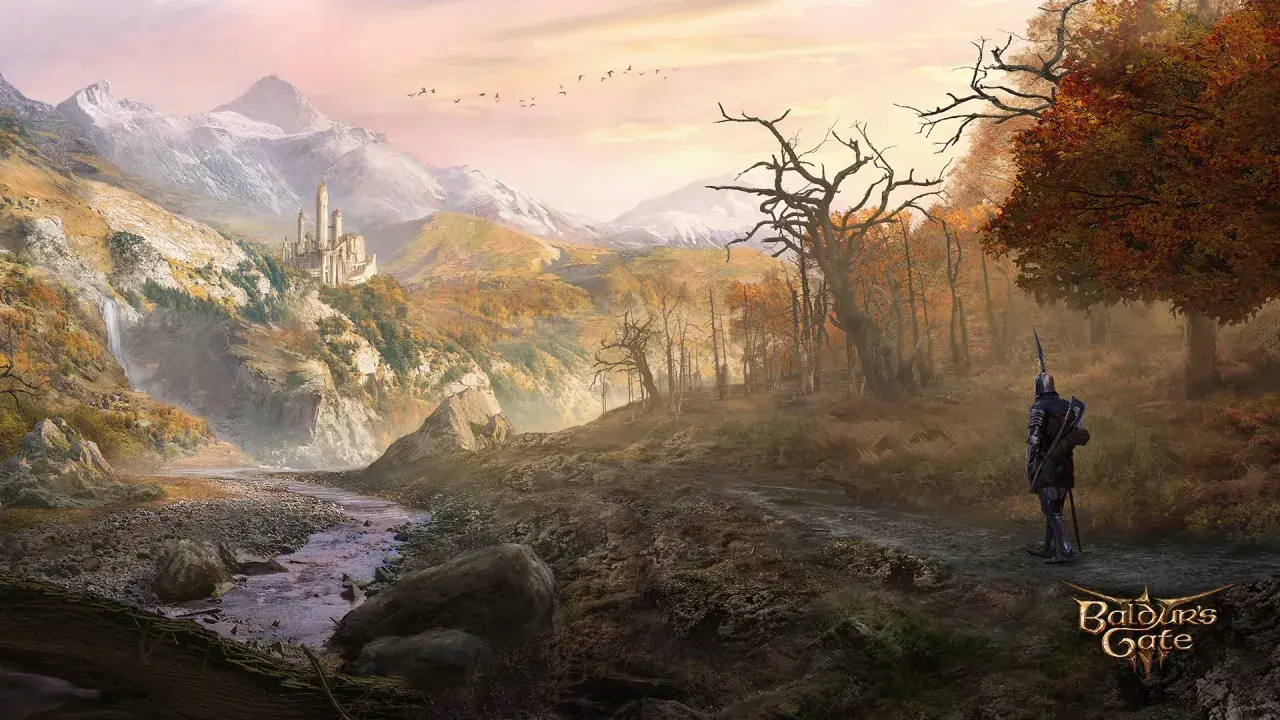 Rycerz w zbroi na tle górskiego krajobrazu z zamkiem. Idealna grafika do sprawdzenia wymagań Baldur's Gate 3.