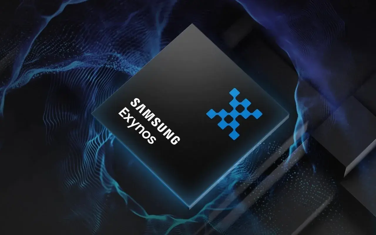 Nowy procesor Samsung Exynos 2400, symbolizujący przyszłość technologii mobilnych, otoczony niebieskimi falami danych.