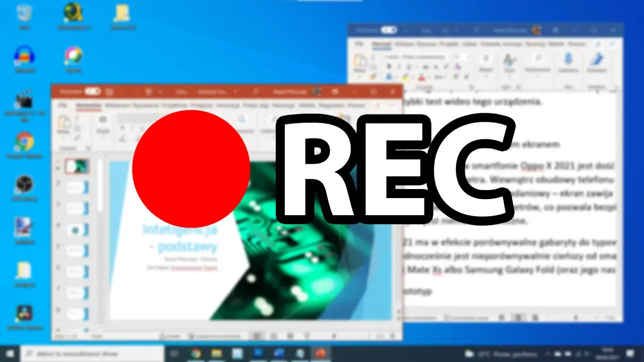Jak nagrać ekran na komputerze? Widok pulpitu z otwartymi oknami programów i dużym napisem "REC" sugeruje nagrywanie.