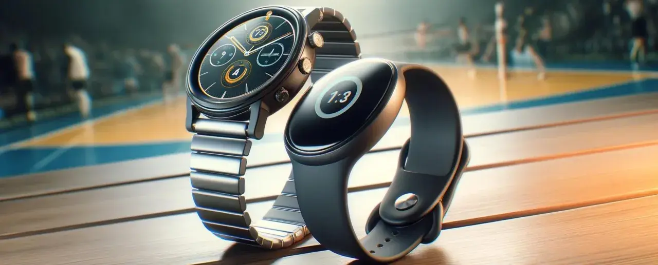 Elegancki smartwatch z metalową bransoletą i sportowy smartband obok siebie. Który wybierzesz na trening?