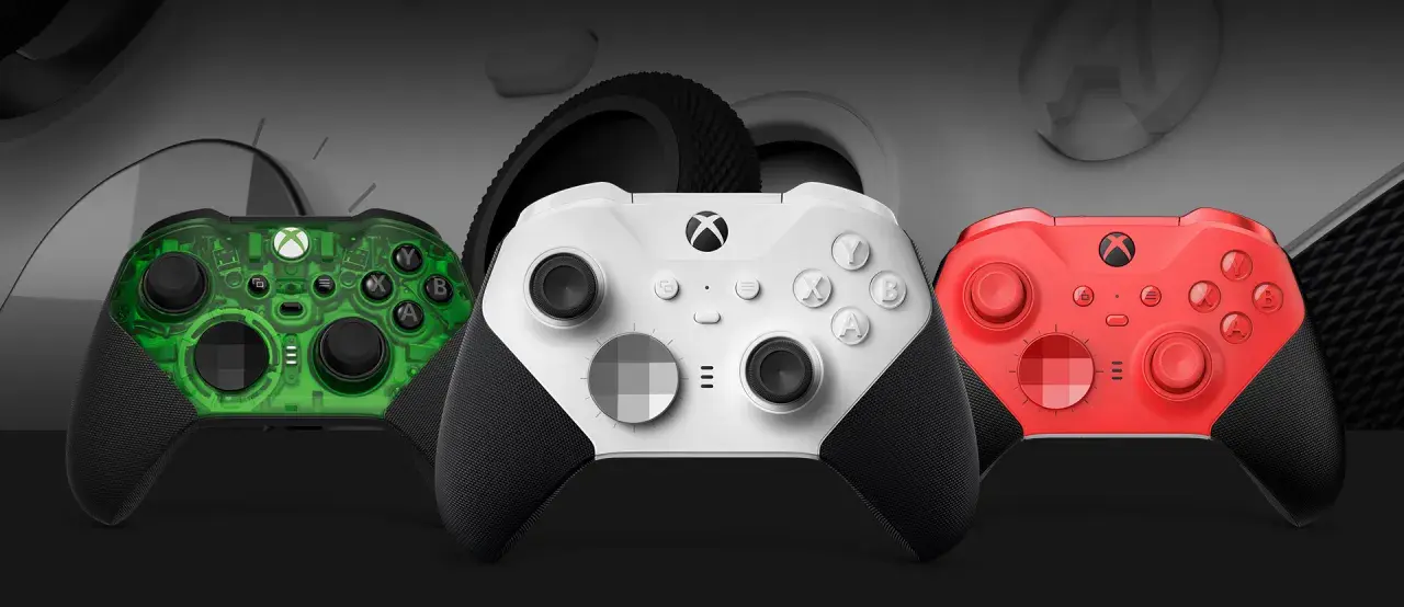 Trzy kontrolery Xbox Elite Series 3 w kolorach zielonym, białym i czerwonym, gotowe do gry.