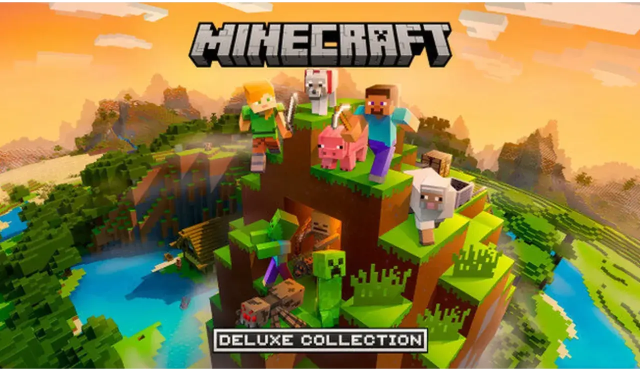Postać Steve'a, Alex, świni, owcy, psa i potworów na tle krajobrazu Minecraft. Sprawdź, czy Twój komputer spełnia wymagania Minecraft.