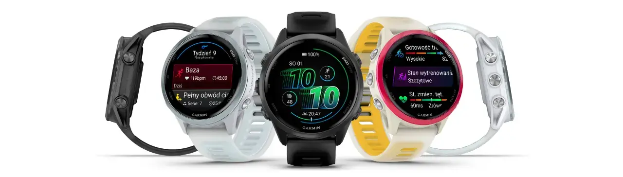 Zegarki Garmin Forerunner 570 w różnych kolorach: czarny, jasnoszary, czarny, kremowo-żółty i biały.