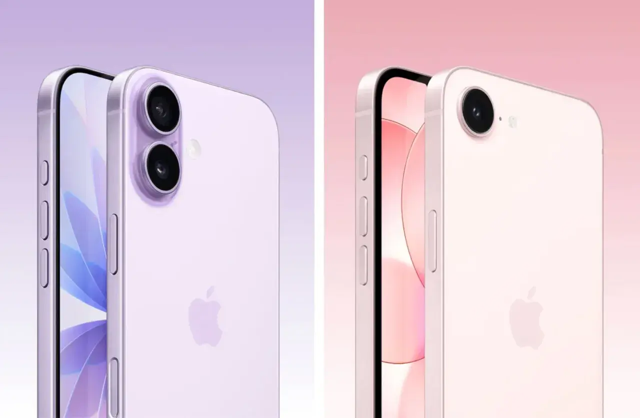 Dwa telefony iPhone w pastelowych kolorach: fioletowy z podwójnym aparatem i różowy z pojedynczym. Czyżby zapowiedź ip 17e?