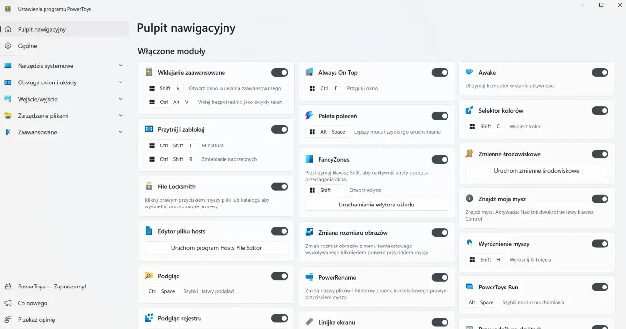 Ustawienia PowerToys z modułami, jak Paleta poleceń, FancyZones i PowerToys Run, usprawniające pracę w stylu windows 11 lite.