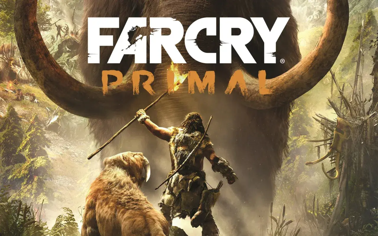 Far Cry Primal: wojownik z włócznią i tygrysem szablozębnym na tle mamuta. Sprawdź wymagania gry!