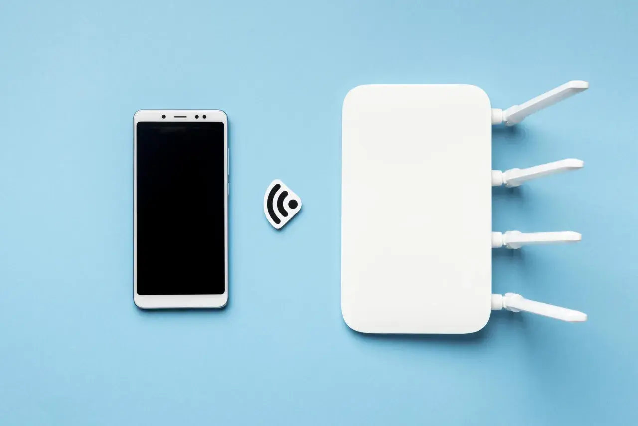 Smartfon i router Wi-Fi obok symbolu sieci. Dowiedz się, jak udostępnić internet z telefonu.