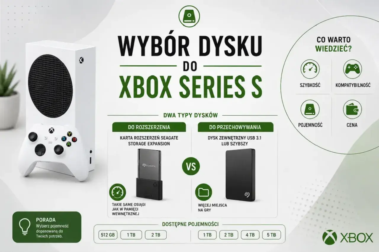 Porównanie dysków do Xbox Series S: karta Seagate Storage Expansion vs dysk zewnętrzny USB 3.1. Wybierz dysk dopasowany do potrzeb.