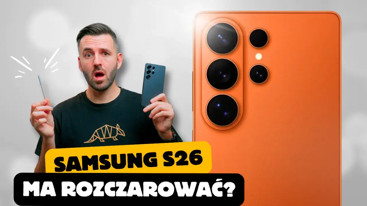 Zaskoczony mężczyzna trzymający rysik obok telefonu z systemem Android. Czy Samsung S26 rozczaruje?