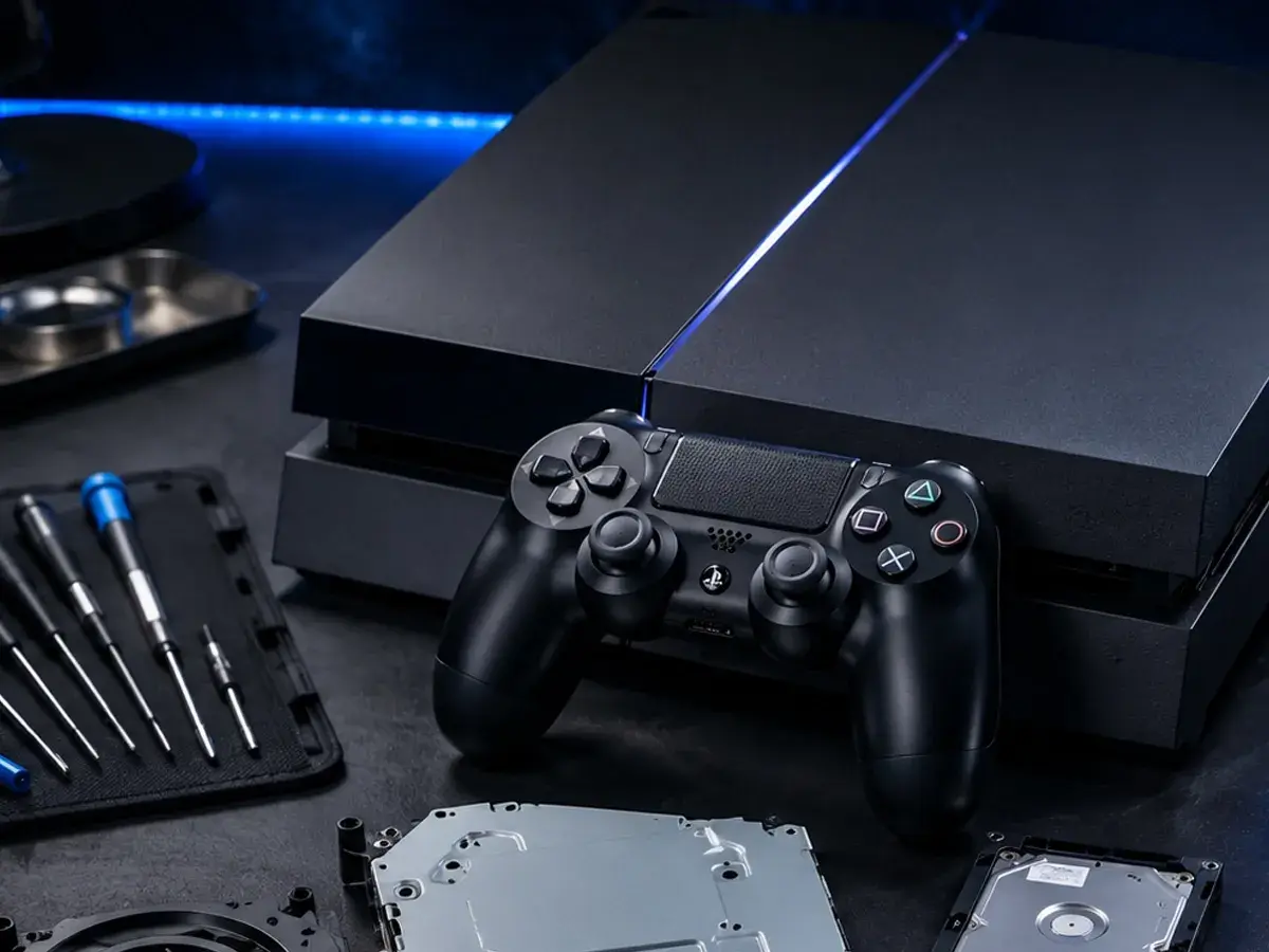Konsola PS4 z kontrolerem i narzędziami do naprawy. Zastanawiasz się, ile lat ma PS4?