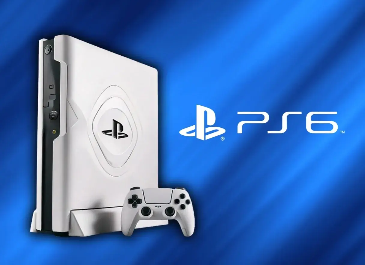 Biała konsola PlayStation 6 z kontrolerem na niebieskim tle.