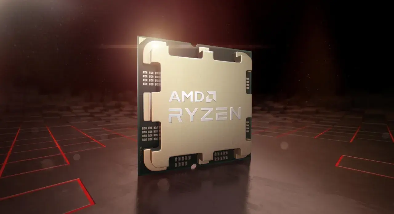 Złoty procesor AMD Ryzen 8700G z logo AMD Ryzen na tle futurystycznej, czerwonej siatki.