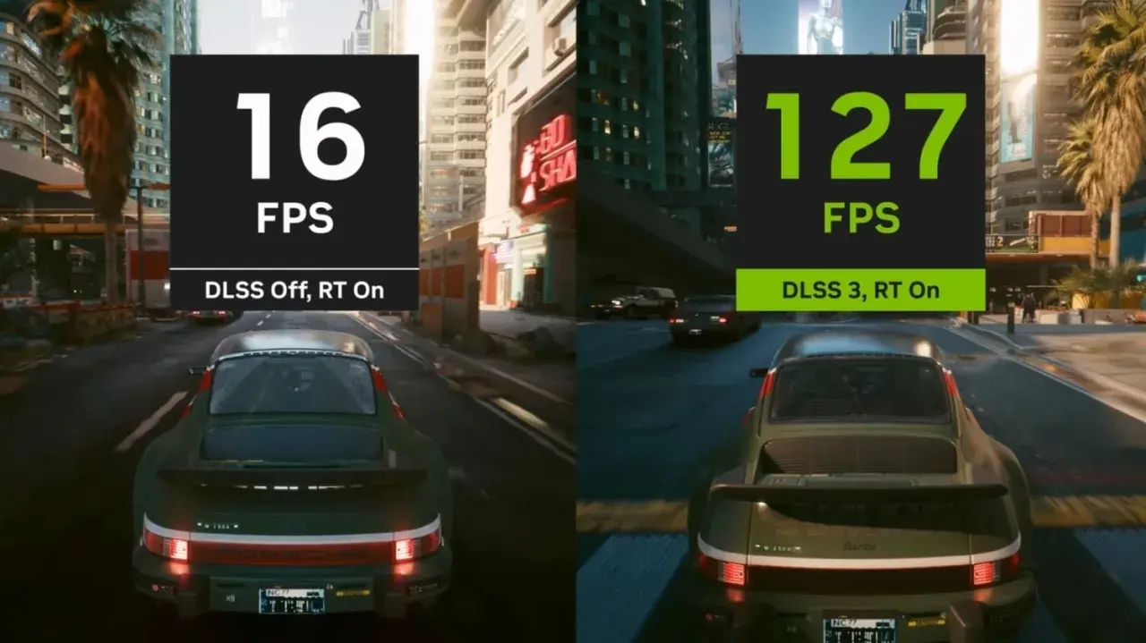 Porównanie gry z path tracing: 16 FPS bez DLSS vs 127 FPS z DLSS 3. Widok zza zielonego Porsche w neonowym mieście.