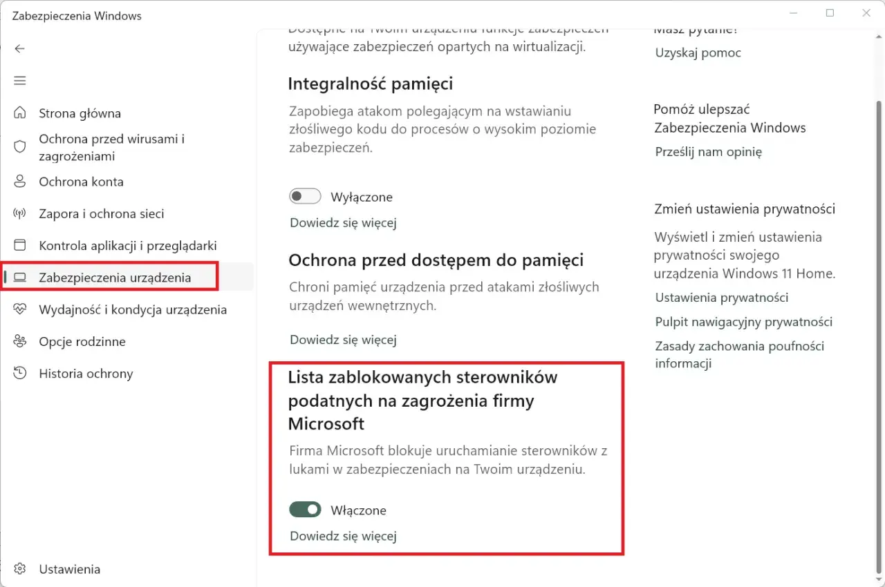Zabezpieczenia urządzenia w Windows 11: integralność pamięci, ochrona przed dostępem do pamięci i lista zablokowanych sterowników.