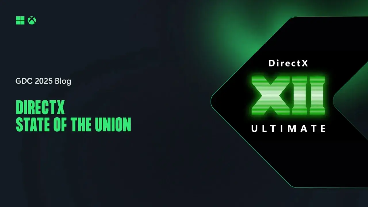 GDC 2025 Blog: DirectX State of the Union. Zielony napis DirectX XII ULTIMATE na ciemnym tle.