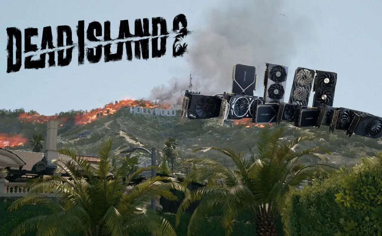 Płonące Hollywood i logo Dead Island 2. W tle rząd kart graficznych, sugerujący wysokie wymagania sprzętowe gry.