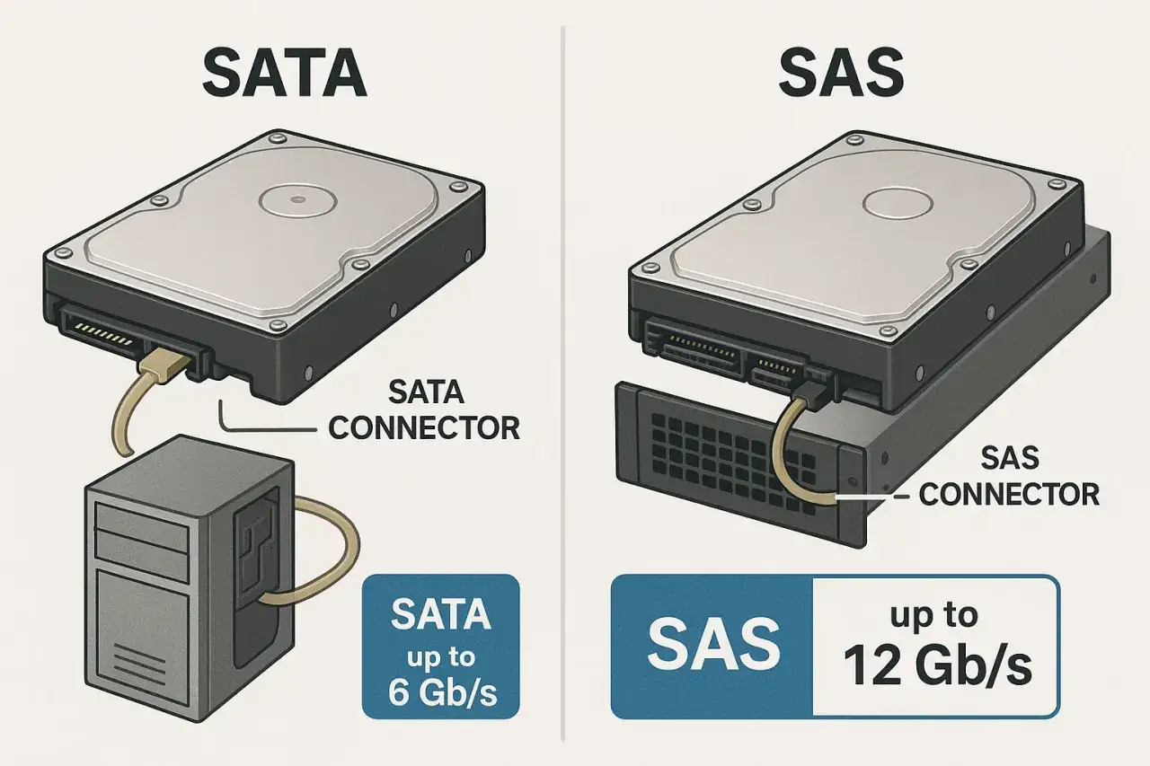 Por&oacute;wnanie interfejs&oacute;w dysk&oacute;w twardych: SATA (do 6 Gb/s) i SAS (do 12 Gb/s).