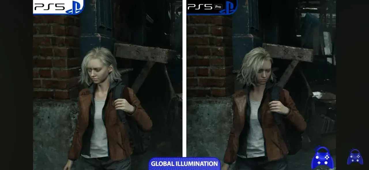 Por&oacute;wnanie grafiki pssr 2.0 na PS5 i PS5 Pro. Kobieta w brązowej kurtce stoi na tle ceglanej ściany.