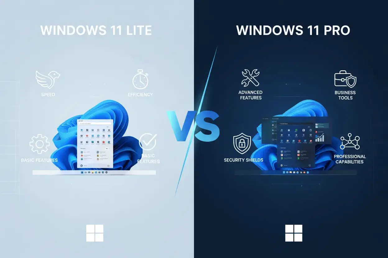 Porównanie Windows 11 Lite z funkcjami podstawowymi, szybkością i wydajnością kontra Windows 11 Pro z zaawansowanymi funkcjami, narzędziami biznesowymi i profesjonalnymi możliwościami.