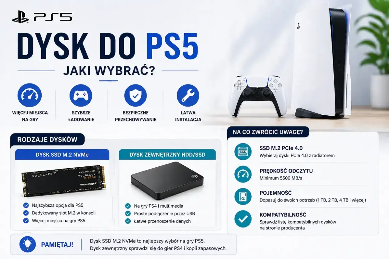 Poradnik wyboru dysku do PS5: szybki dysk SSD M.2 NVMe dla najlepszych wrażeń z gier lub dysk zewnętrzny na starsze tytuły.