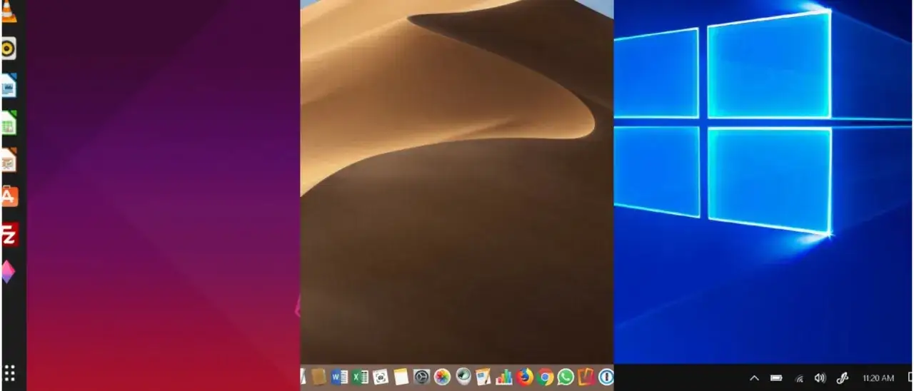 Trzy ekrany z r&oacute;żnymi systemami operacyjnymi na komputer: Ubuntu, macOS z pustynią i Windows 10.