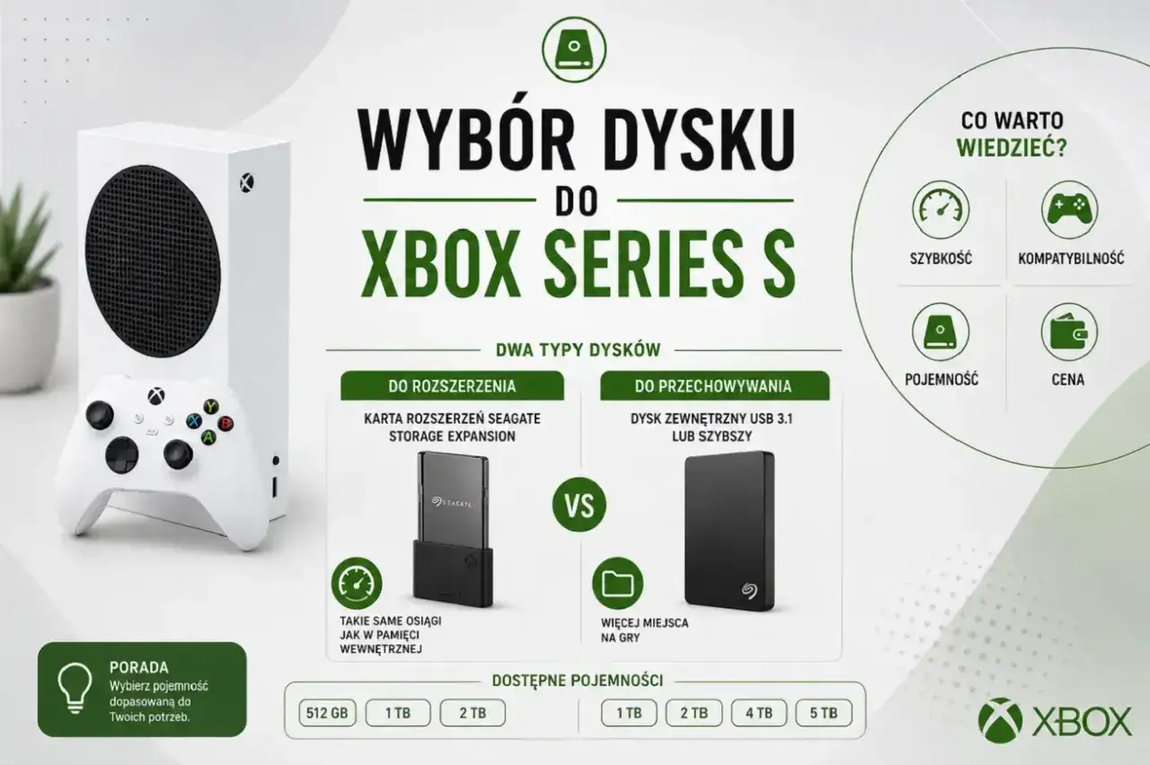 Porównanie dysków do Xbox Series S: karta Seagate Storage Expansion vs dysk zewnętrzny USB 3.1. Wybierz dysk dopasowany do potrzeb.