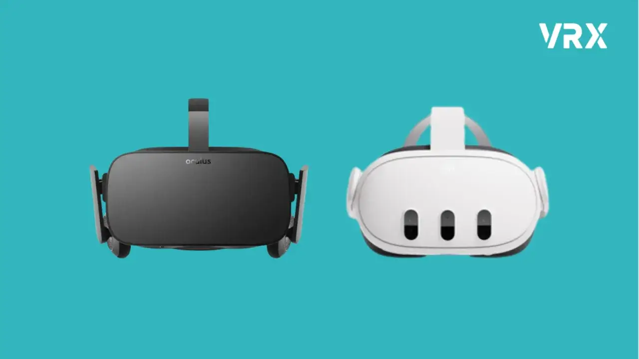 Dwa gogle VR: czarny Oculus Rift i biały Oculus Quest 2. Początek i rozw&oacute;j historii VR.