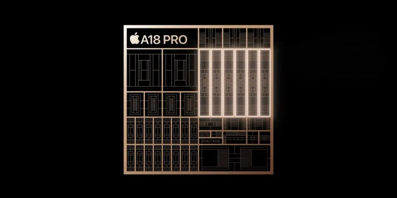 Grafika przedstawia schematyczną wizualizację chipu Apple A18 PRO z podświetlonymi rdzeniami.