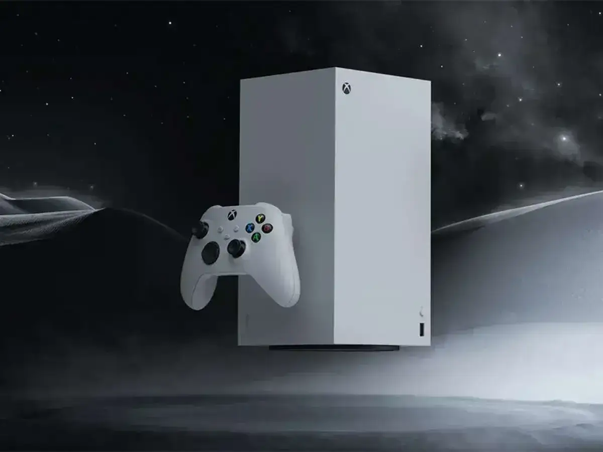 Biały kontroler Xbox i konsola Series X unoszą się w kosmicznym krajobrazie. Pamiętasz, kiedy wyszedł Xbox Series X?