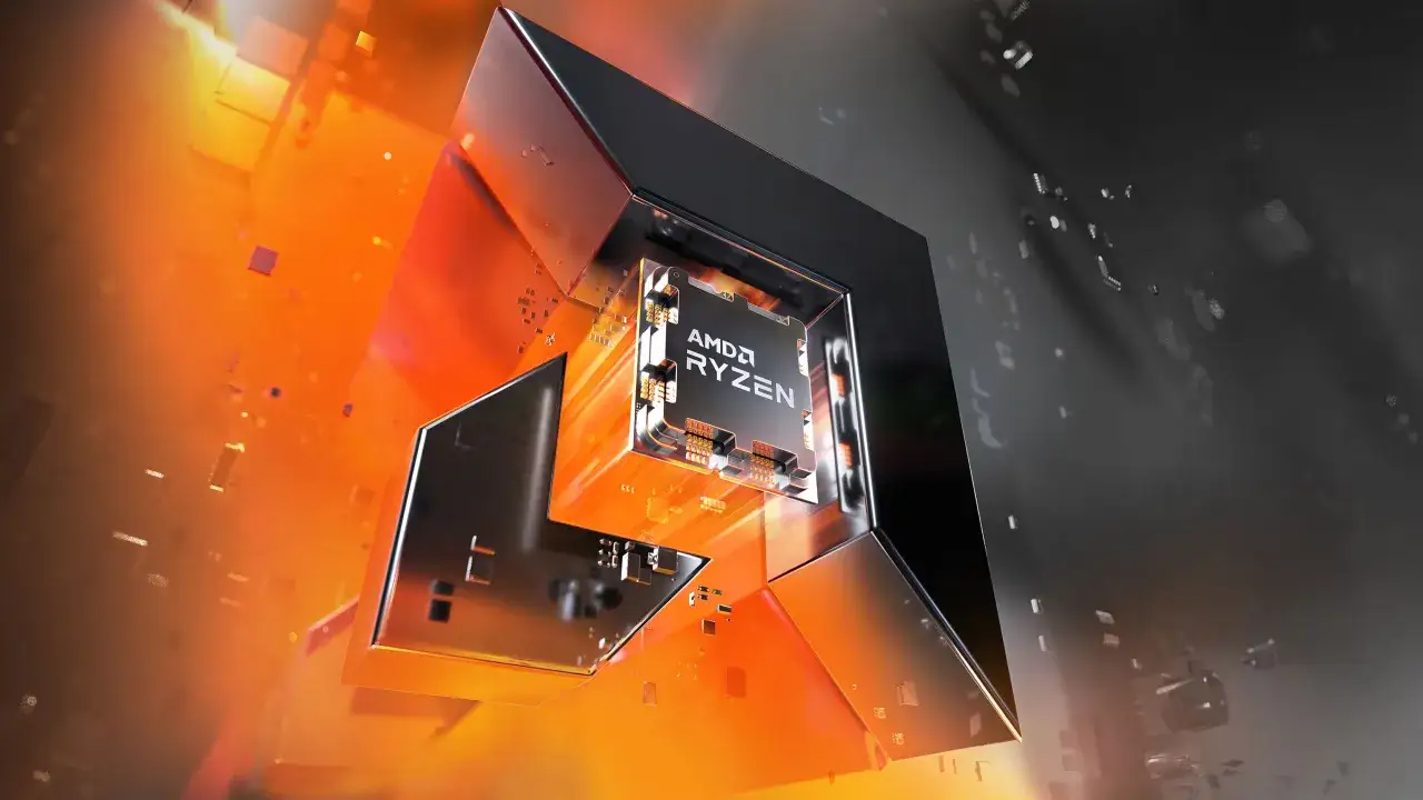 Procesor AMD Ryzen z architekturą zen 6 w futurystycznej, geometrycznej oprawie, otoczony pomarańczową poświatą i elementami obwod&oacute;w.