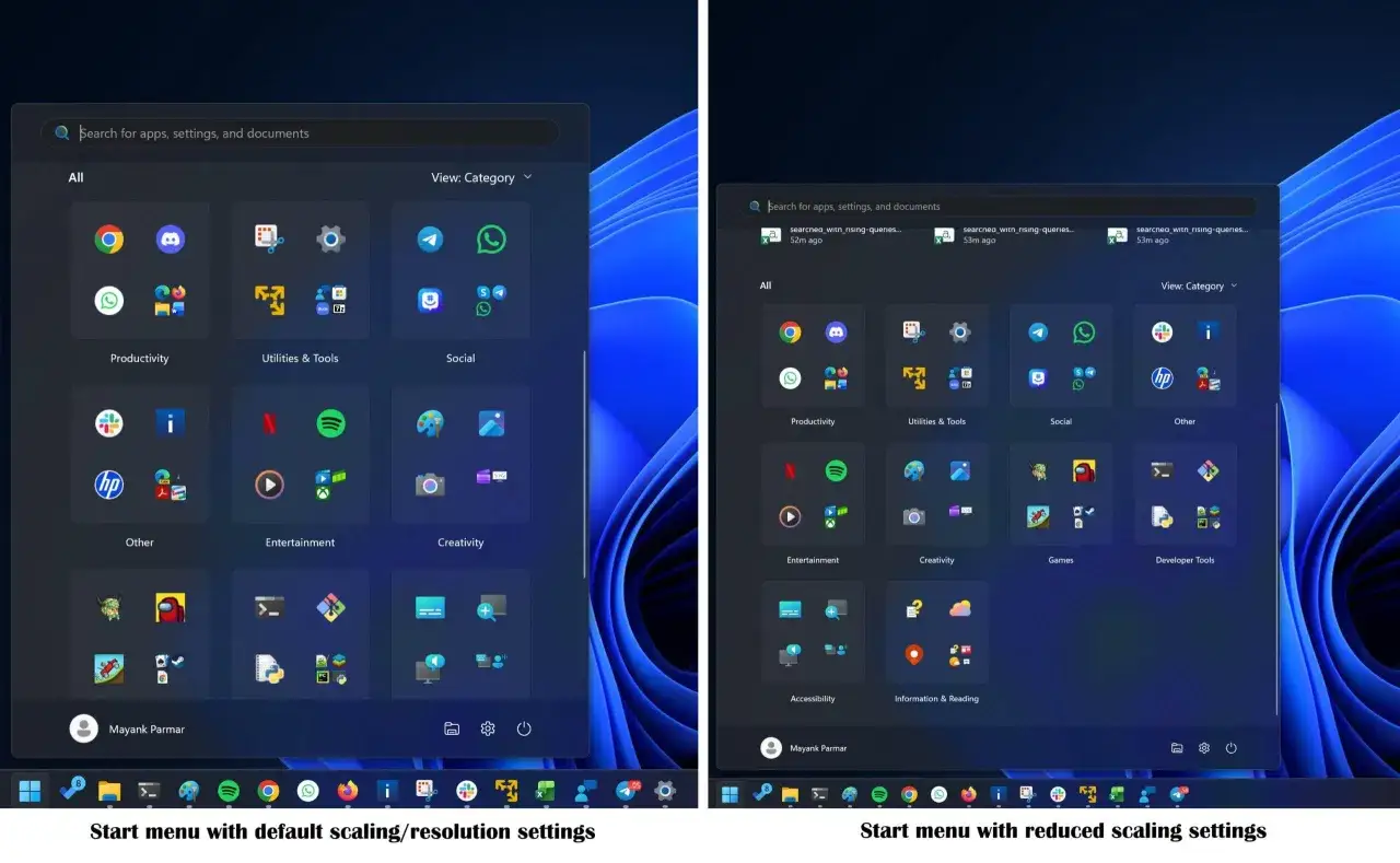 Dwa ekrany z menu Start systemu Windows 11. Po lewej menu z domyślnymi ustawieniami, po prawej zredukowane skalowanie.