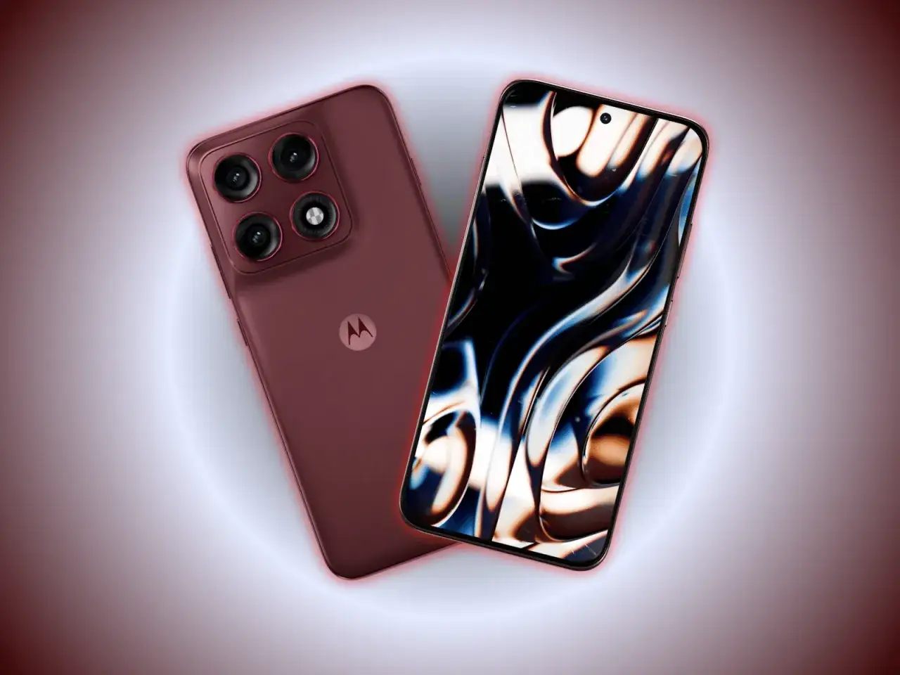 Dwa telefony Motorola, jeden z tyłu z czterema aparatami i logo, drugi z przodu z abstrakcyjnym, błyszczącym ekranem.