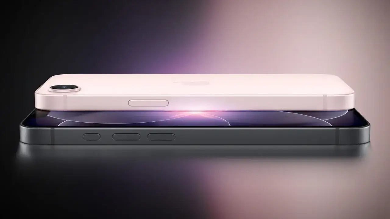 Dwa telefony, jeden różowy, drugi grafitowy, ułożone jeden na drugim. Różowy model ip 17e z subtelnym logo Apple.