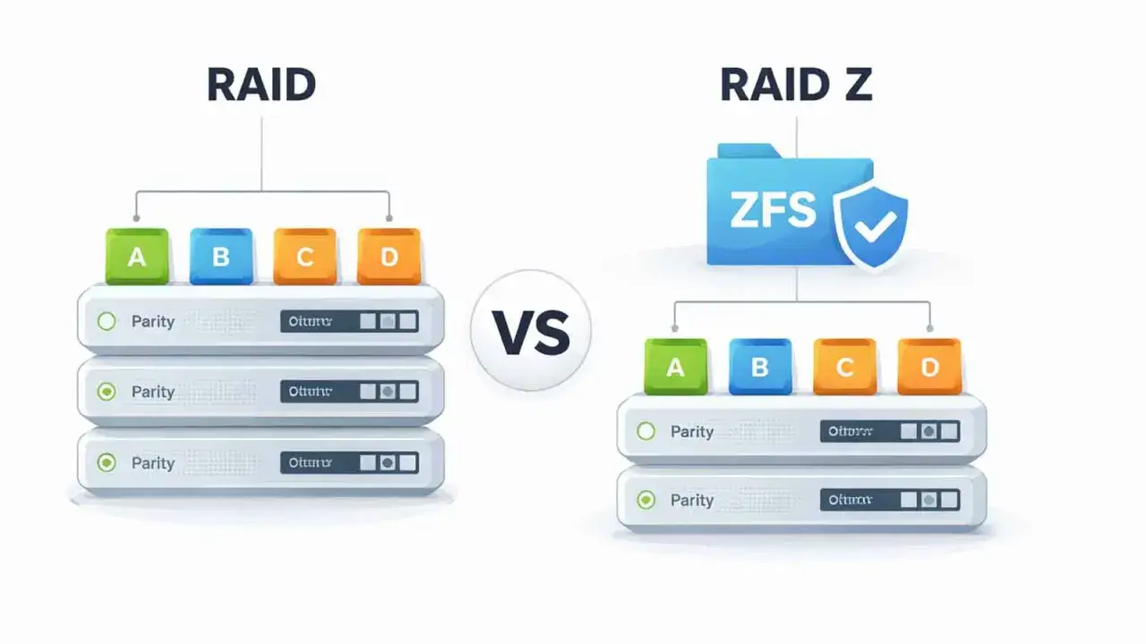 Porównanie RAID z RAID Z. Po lewej RAID 6 z dyskami A, B, C, D i danymi parzystości. Po prawej RAID Z z ZFS.