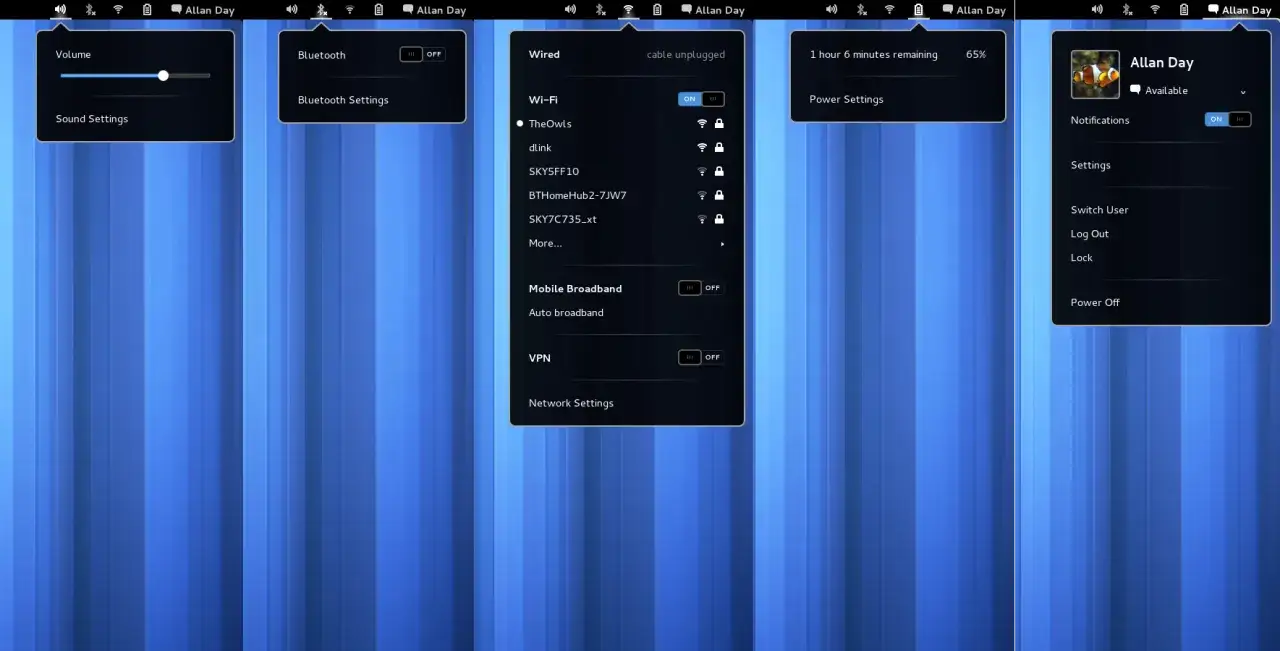 Panel menu w systemie gnome 46: głośność, Bluetooth, Wi-Fi, ustawienia zasilania i użytkownika.