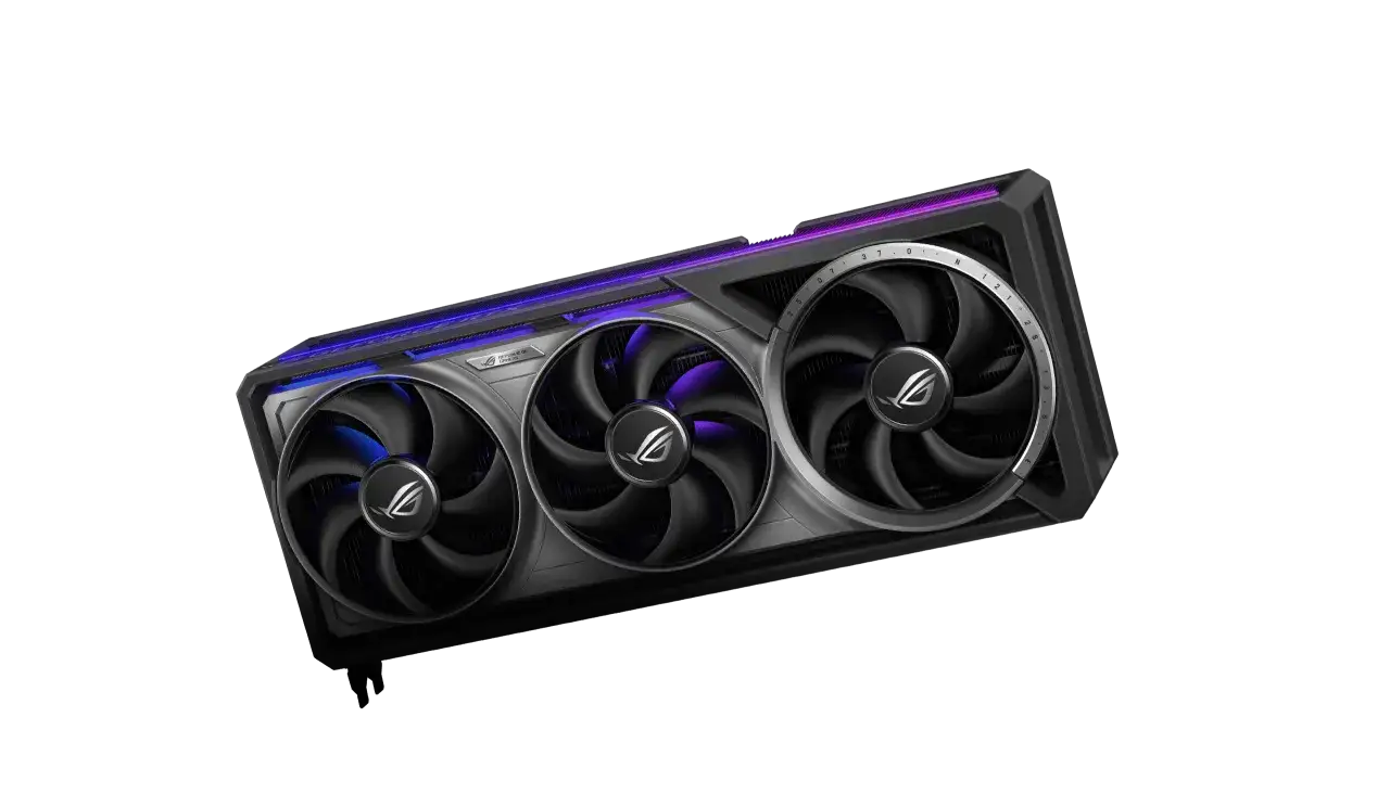 Karta graficzna z serii RTX 5000, z trzema wentylatorami i fioletowym podświetleniem RGB.