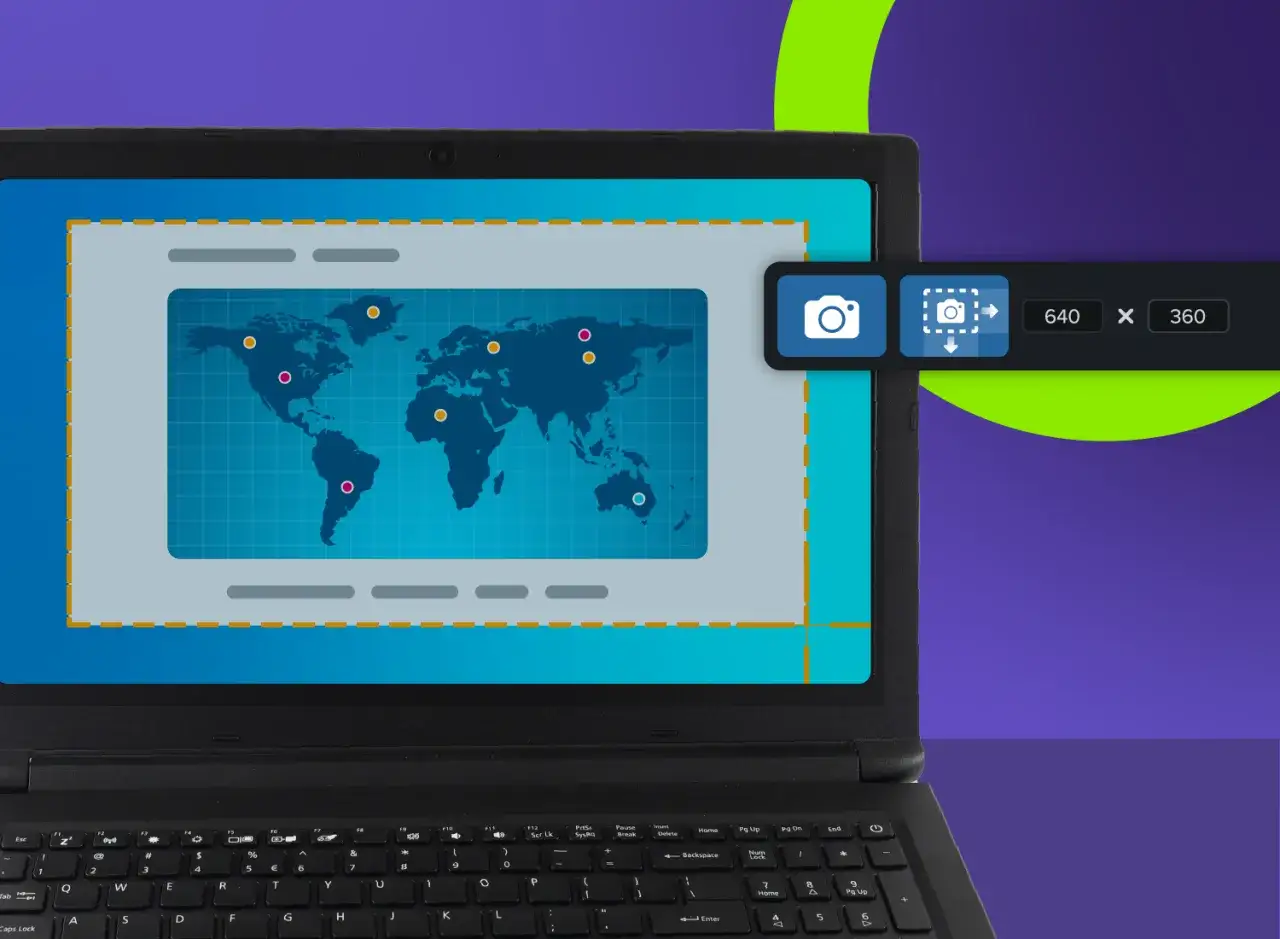 Jak nagrać ekran na komputerze? Widok laptopa z mapą świata na ekranie i ikonami do zrzut&oacute;w ekranu.