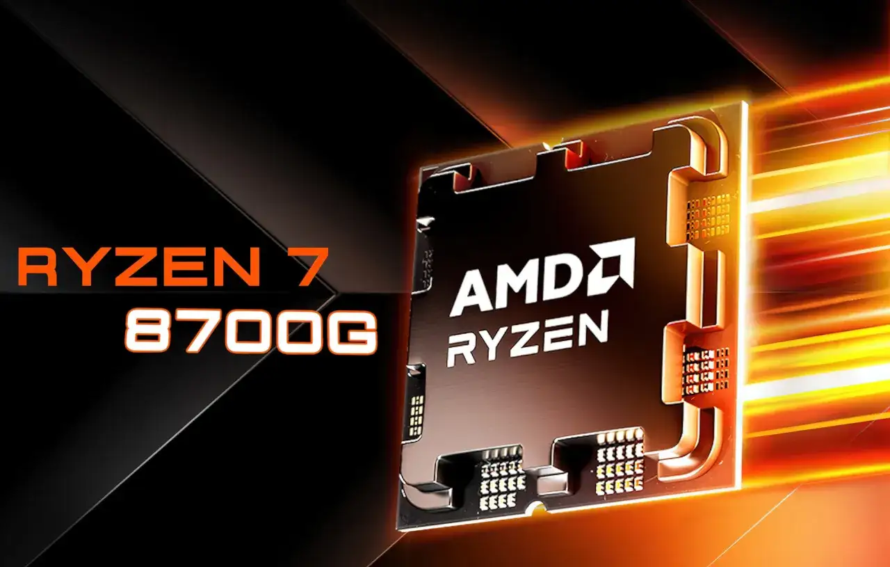 Procesor AMD Ryzen 7 8700G w zbliżeniu, z pomarańczowymi akcentami i dynamicznymi liniami światła.