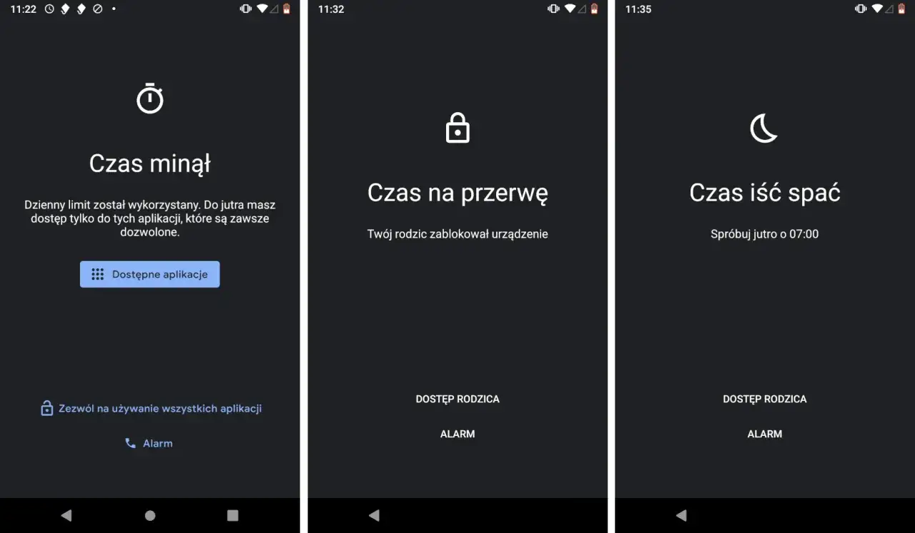 Family Link nie blokuje telefonu dziecka, ale informuje o limicie czasu, przerwie lub porze snu. Dostępne aplikacje i alarmy pozostają aktywne.