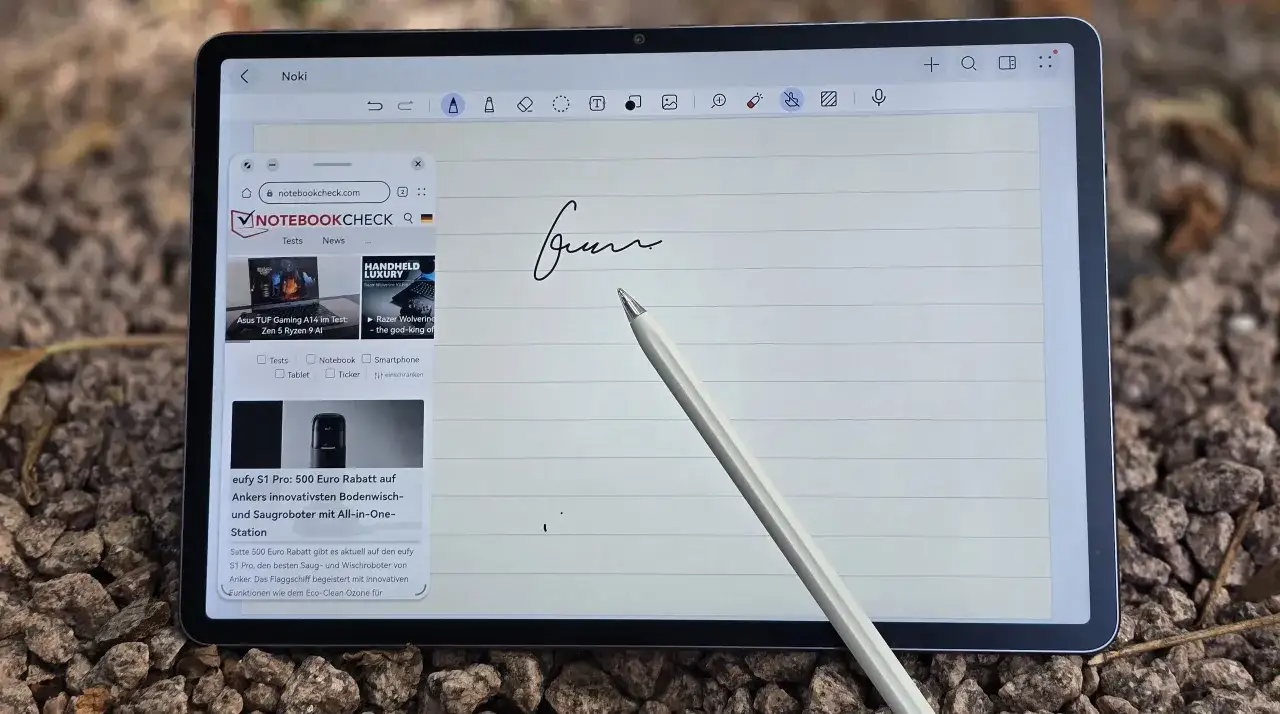 Huawei MatePad 11.5 S z rysikiem, na ekranie notatnik i przeglądarka.