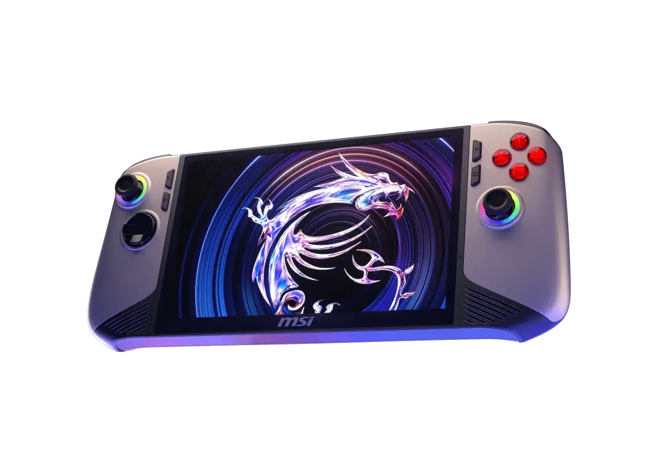 Ręczna konsola do gier MSI Claw 8 AI+ z podświetlanymi przyciskami i joystickami, wyświetlająca logo MSI w formie smoka.