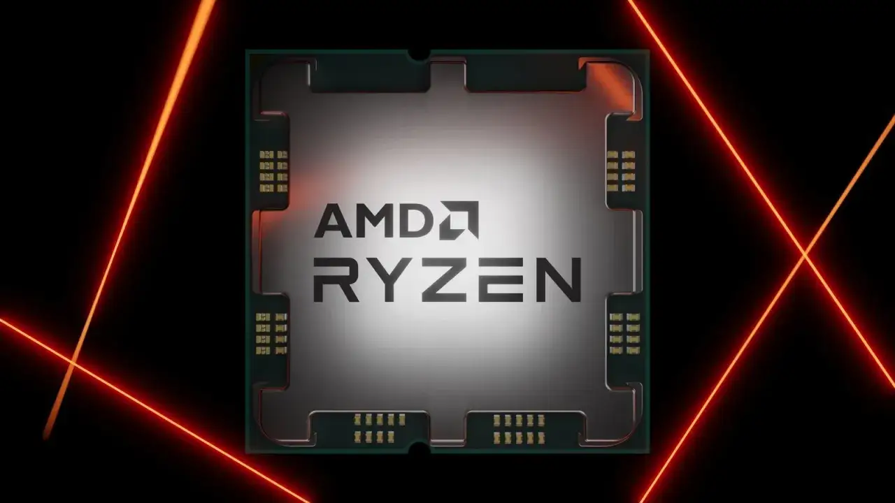 Procesor AMD Ryzen z technologią Zen 5, otoczony neonowymi liniami.