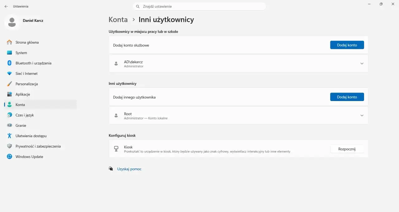 Ekran Ustawienia Windows 11, sekcja Konta. Widoczna opcja