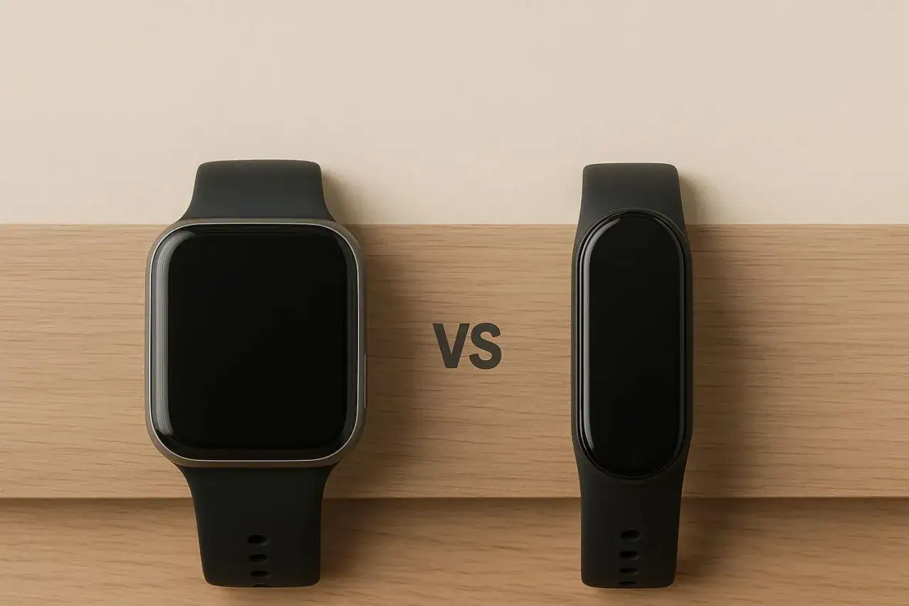 Smartband czy smartwatch? Dwa czarne urządzenia na drewnianym tle, jedno kwadratowe, drugie podłużne, symbolizują wyb&oacute;r.