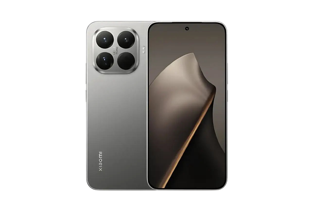 Srebrny Xiaomi 15T Pro z czterema obiektywami aparatu i ekranem z subtelnym wzorem.