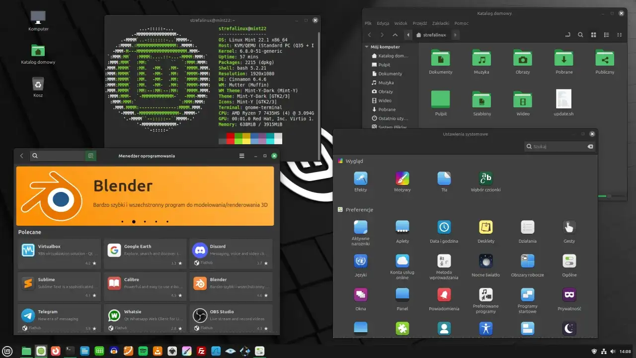 Linux dla początkujących: menedżer oprogramowania z Blenderem, ustawienia systemowe i katalog domowy.