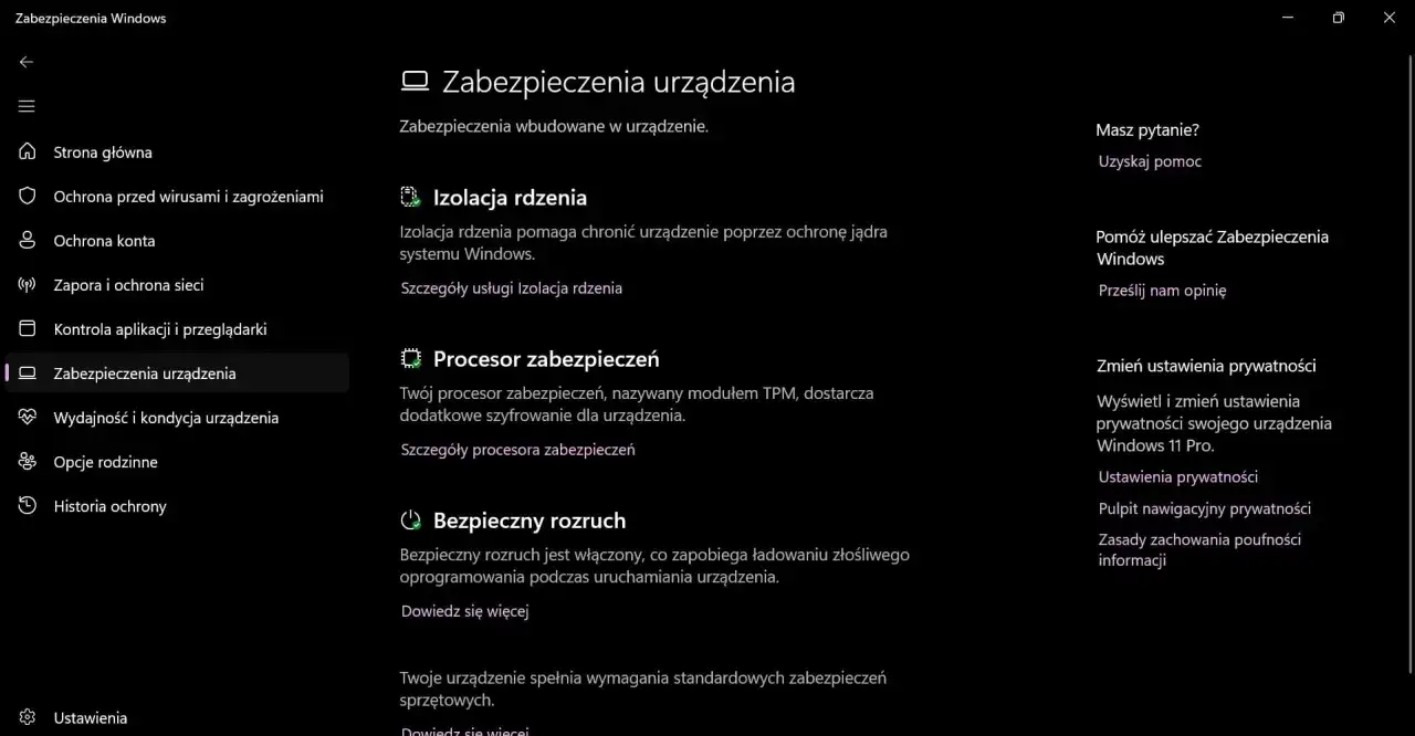 Ustawienia Zabezpieczenia urządzenia w Windows 11: Izolacja rdzenia chroni jądro systemu, procesor zabezpieczeń zapewnia szyfrowanie, a bezpieczny rozruch zapobiega złośliwemu oprogramowaniu.