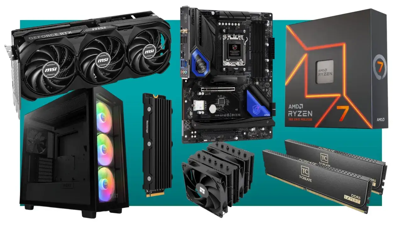 Komponenty PC: karta graficzna, obudowa, płyta główna, procesor AMD Ryzen, RAM i chłodzenie. Idealne do gier, może GTA 6 wymagania będą spełnione.